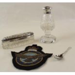 A mixed collection of items to include cut glass with silver top. Silver spoon and an RAF (Royal Air