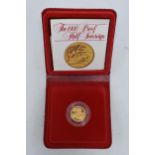 Boxed 22ct gold Proof Half Sovereign 1980, with certificate.