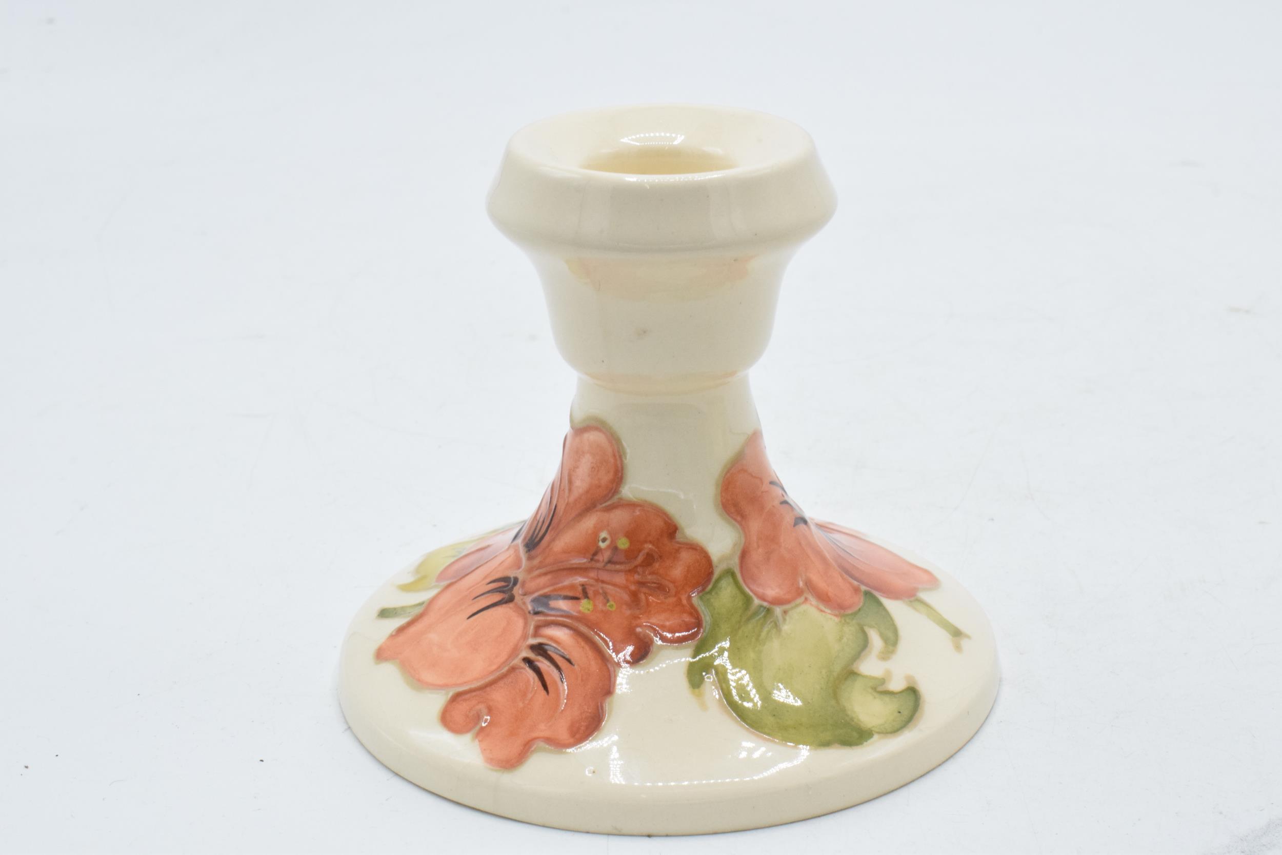 Moorcroft squat vase decorated with a Florian vase (red dot) together with Hibiscus candlestick (2). - Image 6 of 6