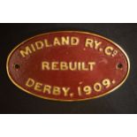 English replica railway plate casting - Midland YC Co Derby 1909, 26x15cm.