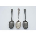 A pair of antique pewter serving spoons together with a silver plated example (3).