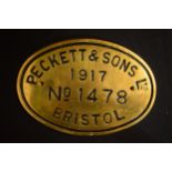 English replica railway plate casting - Peckett & Sons 1917 Bristol, 30x21cm.