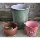 Large vintage galvanised bin with 2 riveted handles together with a vintage red fire bucket and a