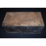 Small pine box with a tray that sits on rails; has been used as a tool box, 46x26x18cm.