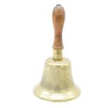 Antique wooden handle brass bell marked 'Fiddian', 27cm tall.