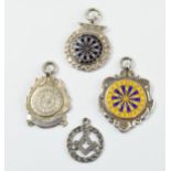 A quartet of silver fobs to include a masonic charm and darts fobs (4), 29.4 grams.