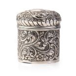Hallmarked silver lidded jar with repousse decoration, 136.8 grams. Odd dents etc.