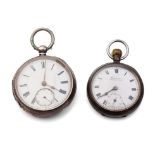 A pair of sterling silver pocket watches to include a 5cm diameter example, London 1887, and a