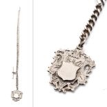 Heavy silver Albert pocket watch chain with T-bar and fob, 71.5 grams, 39cm long.