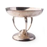 Silver Mappin & Webb Arts and Crafts pedestal bowl with hand hammered decoration on three legs, 20cm