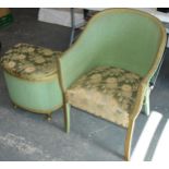 Vintage green and gilt Lloyd Loom bathroom chair together with a laundry basket (2), tallest 78cm