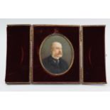 Antique cased miniature portrait of a gentleman with sideburns, in leather easel-back case, lined
