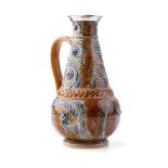 Doulton Lambeth stoneware jug, 1874, of baluster form with white metal mount, signed Emily J