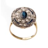 Art Deco 18ct gold and platinum ring set with circa 1.35ct of diamonds and circa 1.3ct of sapphires,