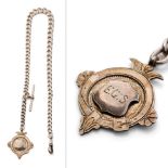 Silver Albert pocket watch chain with T-bar and fob, 50.8 grams, 44cm long.