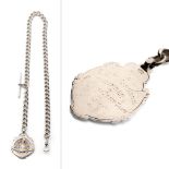 Silver Albert pocket watch chain with T-bar and fob, 51.7 grams, 45cm long.
