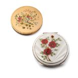 Silver and enamel compact, circular form rose decoration, engineered decoration to underside, Walker