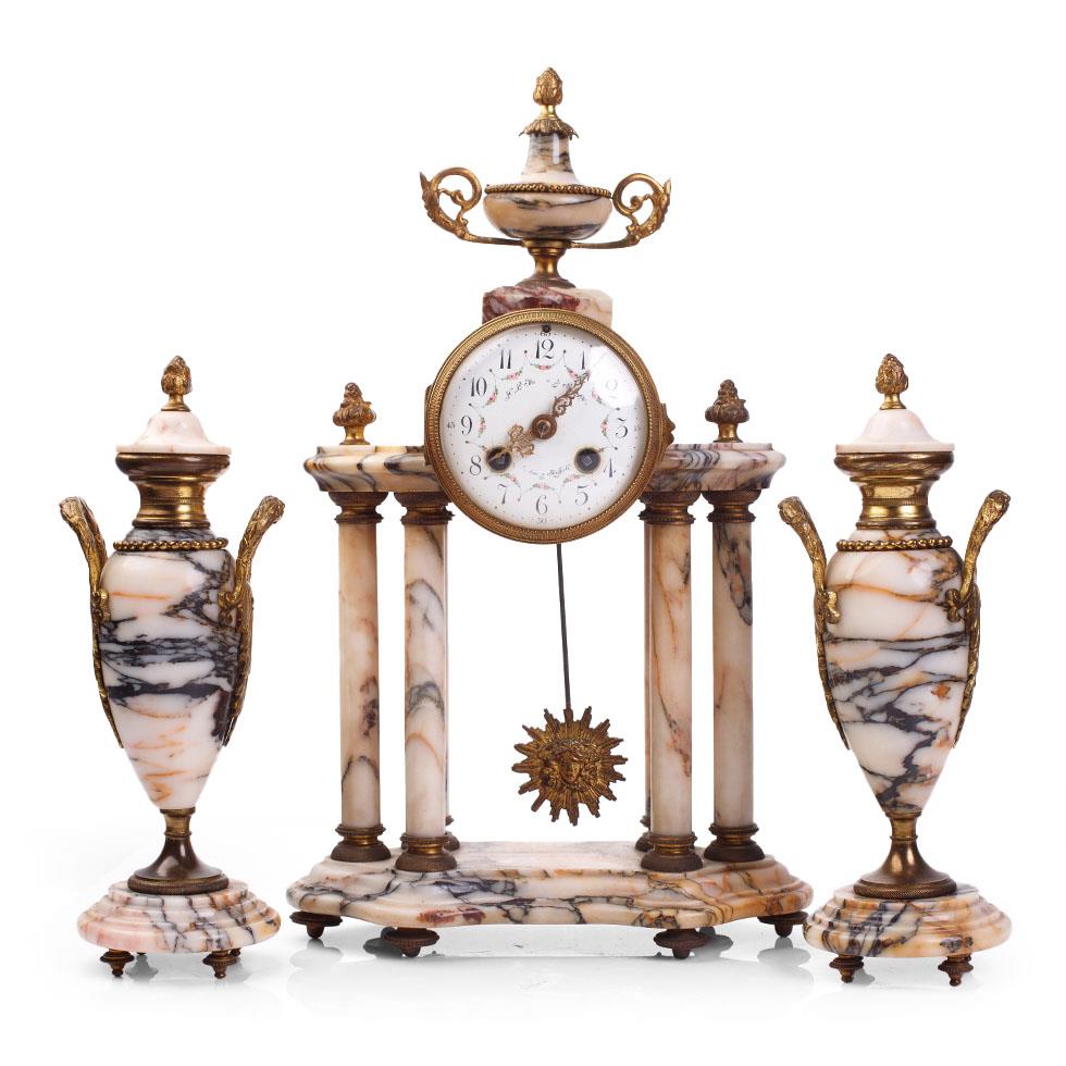 Early 20th centruy French marble and gilt-metal striking portico mantel clock and garnitures, with