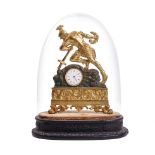 19th century continental gilt metal mantle clock of a soldier falling onto his own sword, on