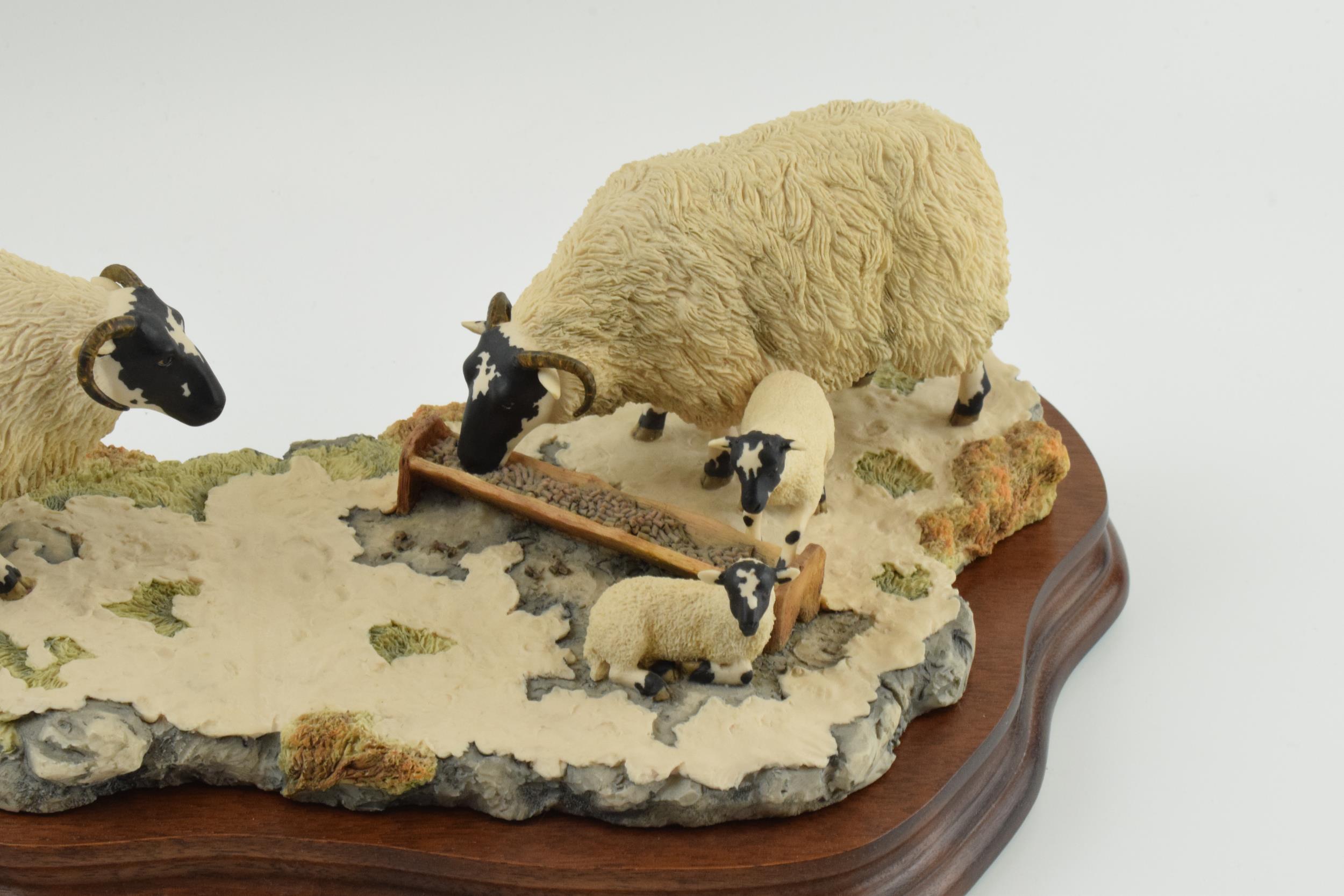 Border Fine Arts figure group 'Early Lambs Late Snow' by Ray Ayres, 35cm long, wooden base. In - Image 3 of 5