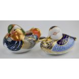 Royal Crown Derby paperweights in the form of a Mandarin Duck and a Duck, first quality with gold