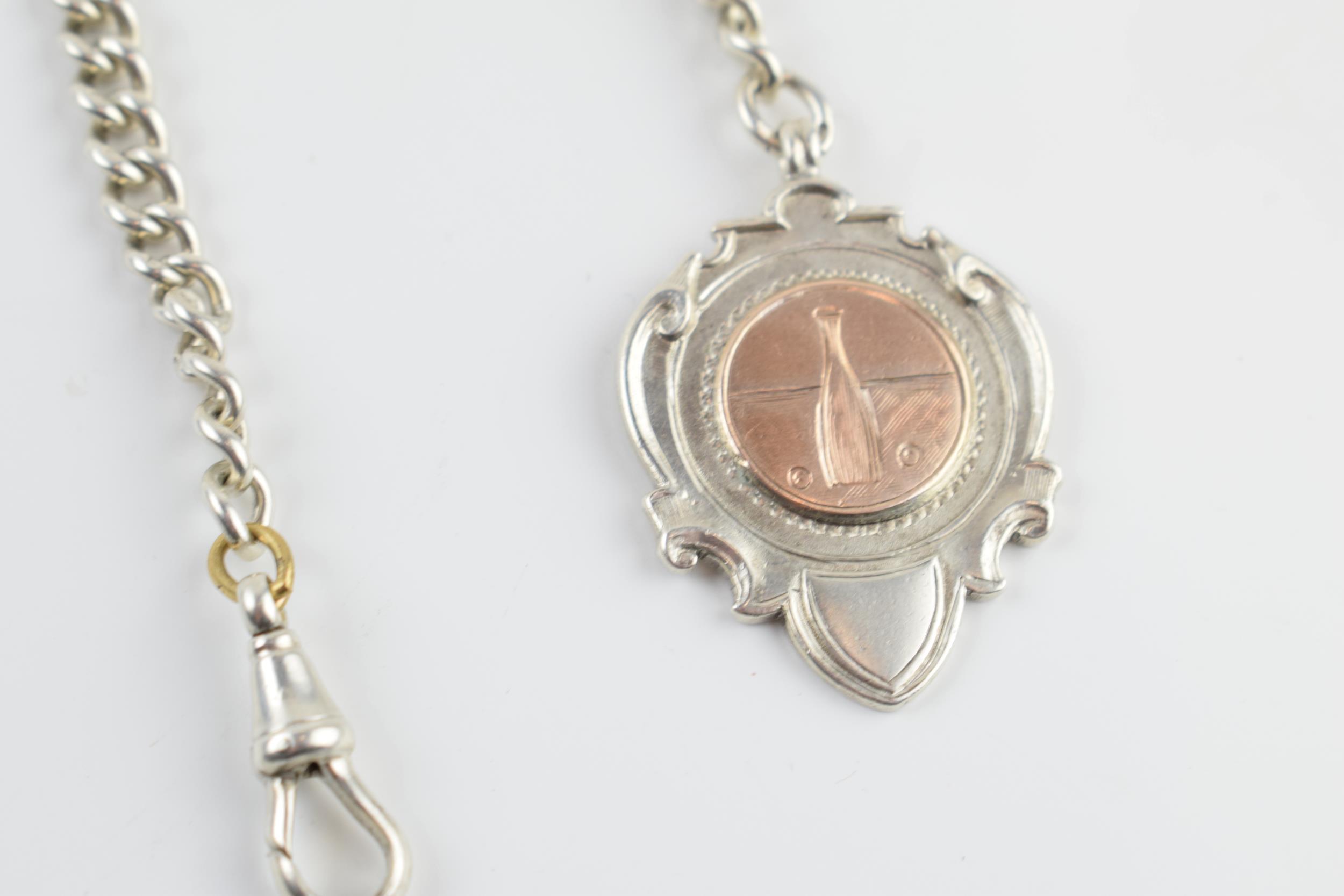 Hallmarked silver Albert pocket watch chain with T-bar and fob, 50.8 grams, 39cm long. - Image 3 of 3