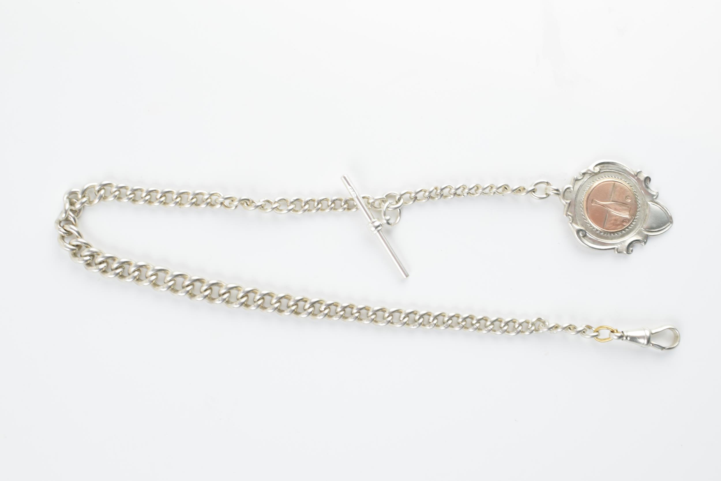 Hallmarked silver Albert pocket watch chain with T-bar and fob, 50.8 grams, 39cm long.