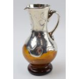 Antique French brown glass jug with Art Nouveau silver overlay, 14cm tall.