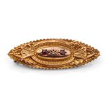 9ct gold mourning brooch set with a diamond and rubies, with steel pin and section to rear, 3.1