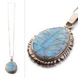 Sterling silver necklace with opal set pendant 'DT @' and 'Sterling' to rear, chain 56cm long,