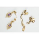 9ct gold and amethyst pair of earrings together with a broken 9ct gold chain, total weight 3.4