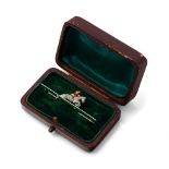 18ct white gold bar brooch with 18ct gold huntsman with enamelled decoration, set with old cut