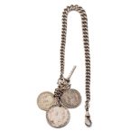 Hallmarked silver Albert pocket watch chain with T-bar and coins, 68.4 grams, 35cm long.