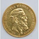 High carat gold coin (circa 21.6ct), German 1888 20 Mark coin, 7.9 grams, 12mm diameter. In good