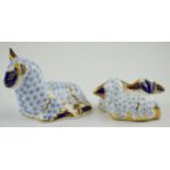 Royal Crown Derby paperweights in the form of a lamb and two entwined lambs, first quality with gold