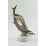 Hollohaza Hungary porcelain group of two fish, Sturgeon, 22.5cm tall. In good condition with no
