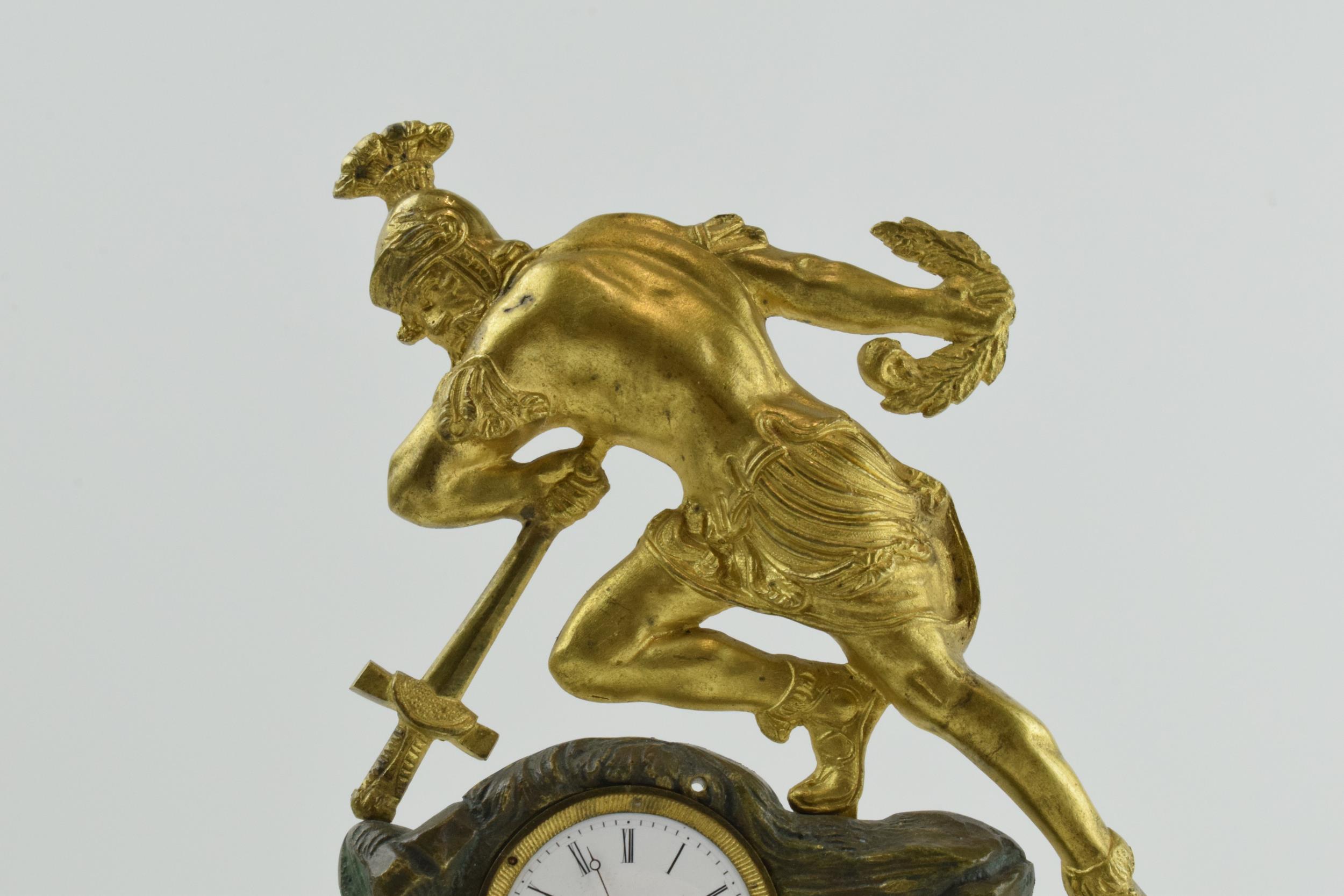 19th century continental gilt metal mantle clock of a soldier falling onto his own sword, on - Image 5 of 9