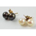 9ct gold black Tahitian pearl earrings together with white pearl earrings (2 pairs), 2.8 grams.