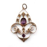 Edwardian 9ct gold pendant set with amethysts and seed pearls, 2.5 grams, 4cm long.