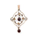 Edwardian 9ct gold pendant set with garnets and seed pearls, 2.2 grams, 4.5cm long.