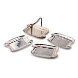 A stacking set of silver ash trays with handle, bearing Spanish import marks, (5), 182.5 grams, 11.