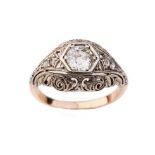 Antique yellow metal (tests as 14ct) solitaire ring set with 0.75ct old cut diamond with filigree