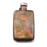 Hallmarked silver 4 oz hipflask with engraving to front, London 1910, 100.1 grams.