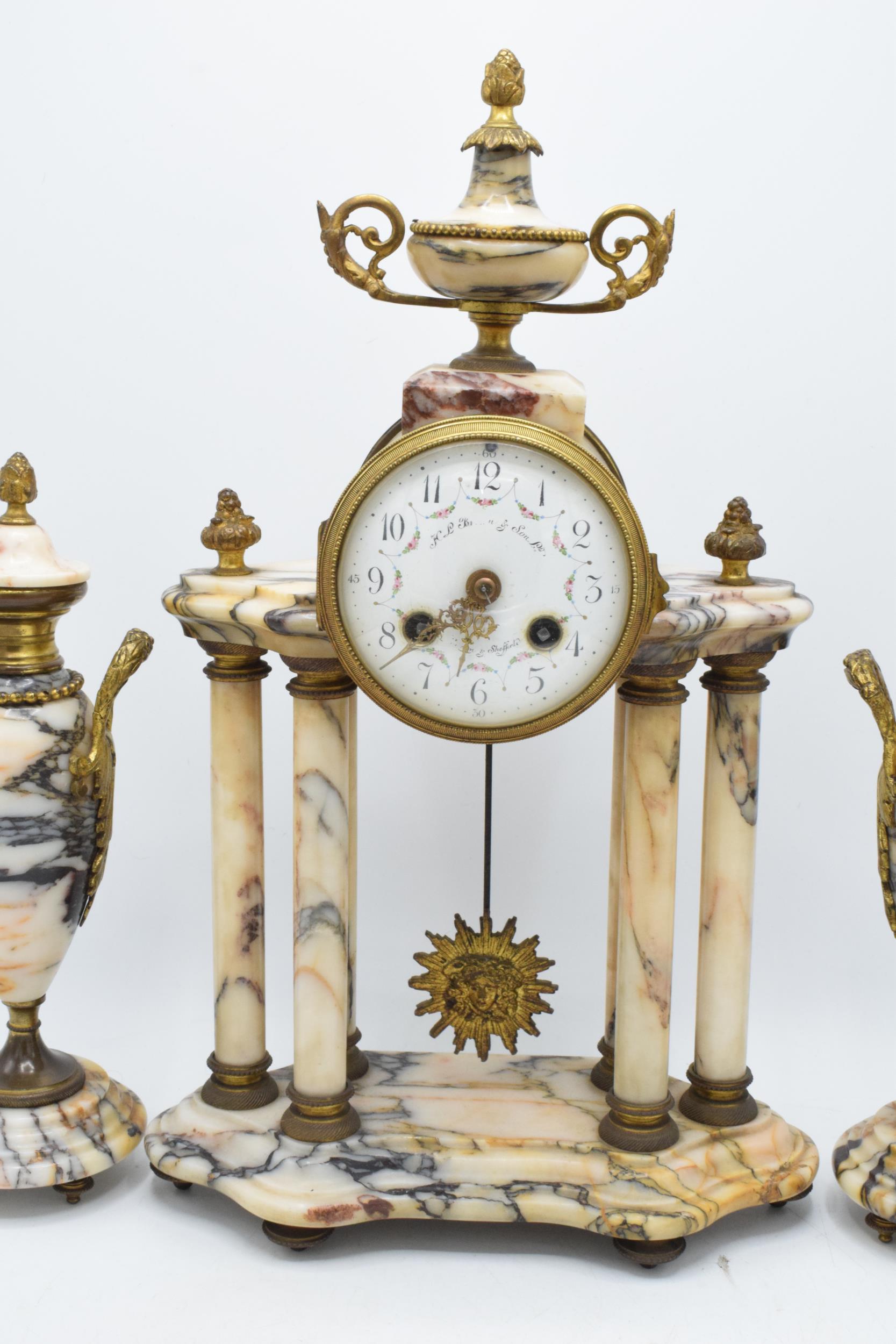 Early 20th centruy French marble and gilt-metal striking portico mantel clock and garnitures, with - Image 4 of 10