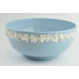 Wedgwood Queensware white on blue large fruit bowl, 24cm diameter. In good condition with no obvious