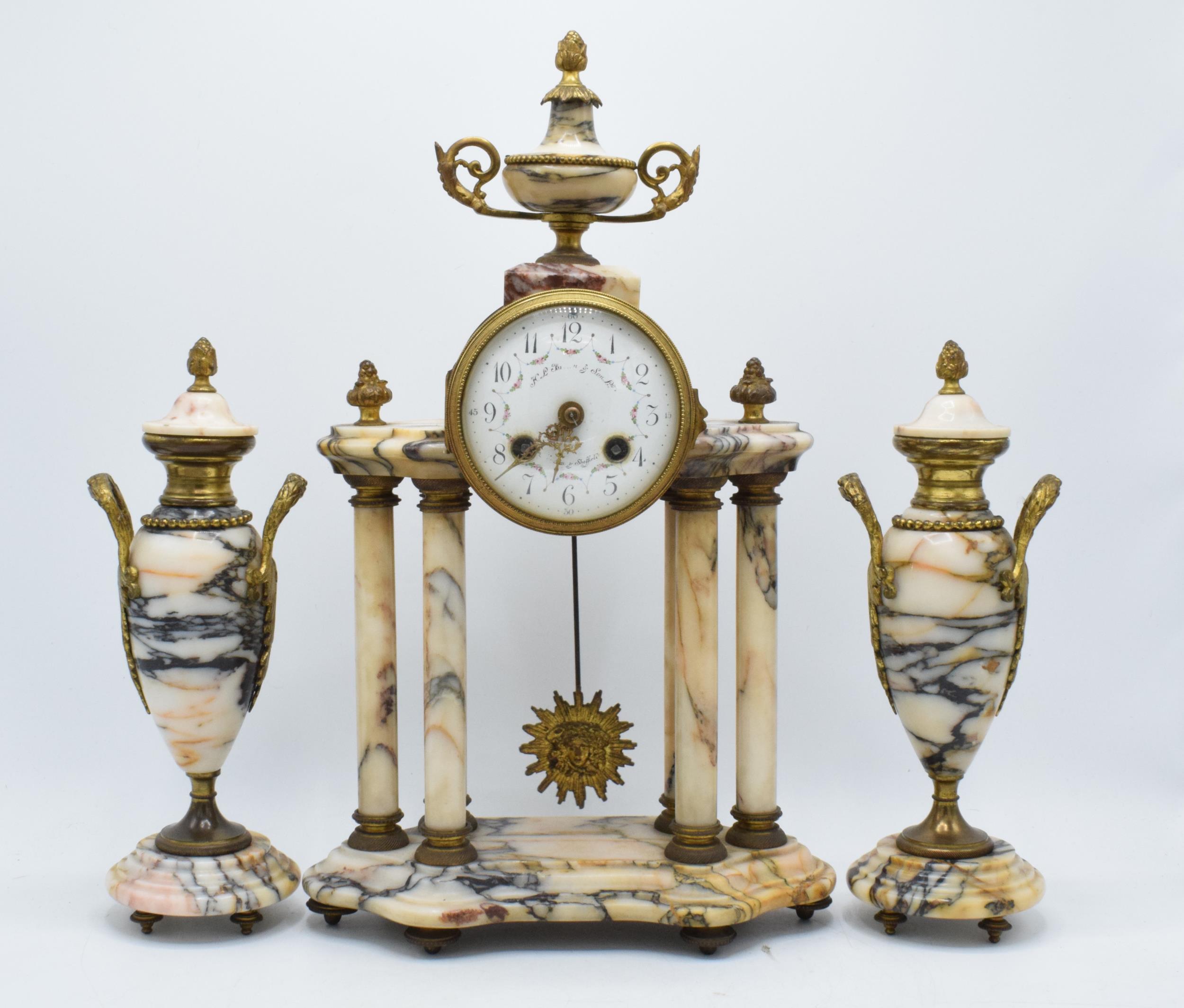 Early 20th centruy French marble and gilt-metal striking portico mantel clock and garnitures, with - Image 2 of 10