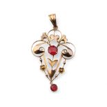 Edwardian 9ct gold pendant set with red stones, 1.8, grams, 5cm long.