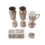 A collection of 0.800 and higher grade silver to include a pair of ornate vases, a cigarette box -