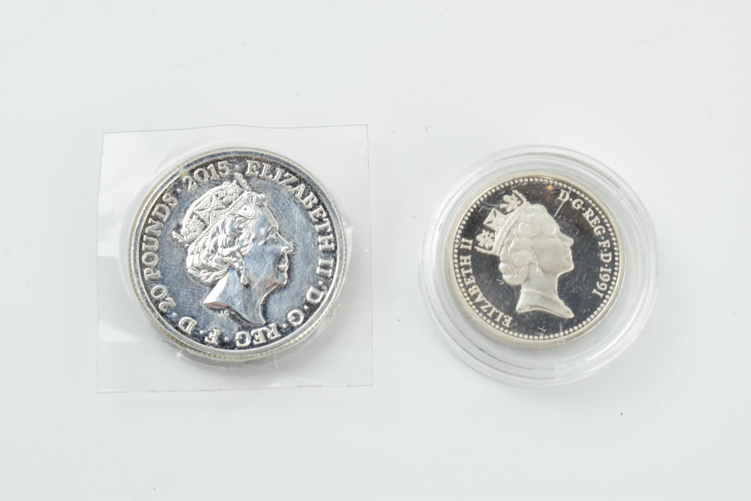 QEII 1991 silver proof £1 coin with 2015 £20 coin, combined face value £21 (2). - Image 3 of 3