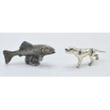 A pair of silver miniature figures of a fish and a dog, combined weight 19 grams (2), tallest 2 cm.